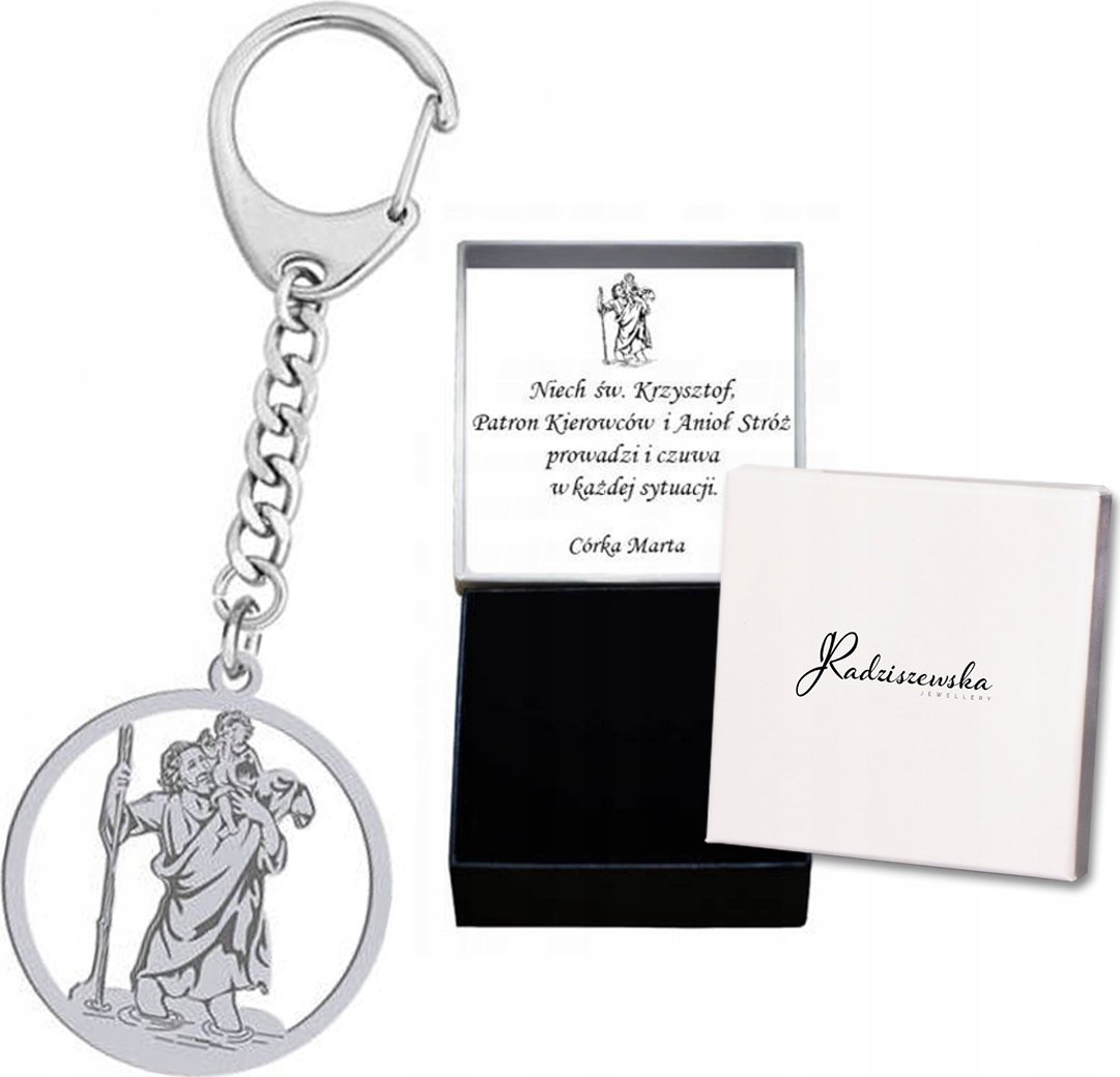Radziszewska Jewellery Brelok do kluczy Święty Krzysztof Srebro 925 GRAWER Prezent ŻYCZENIA GRATIS