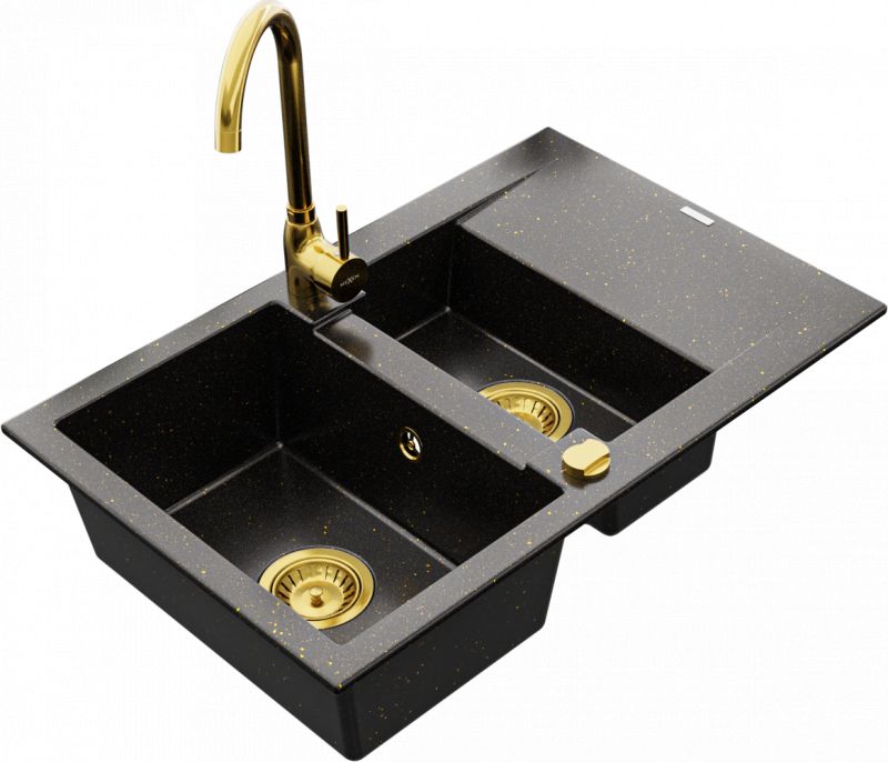 Zlewozmywak Mexen Mexen Gaspar zlewozmywak granitowy 1,5-komorowy z ociekaczem i baterią kuchenną Telma, czarny/złoty - 6507-75-670200-50