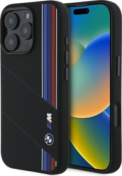 BMW BMW BMHMP16X23SCUK iPhone 16 Pro Max 6.9" czarny/black hardcase Silicone Cut Tricolor Lines MagSafe