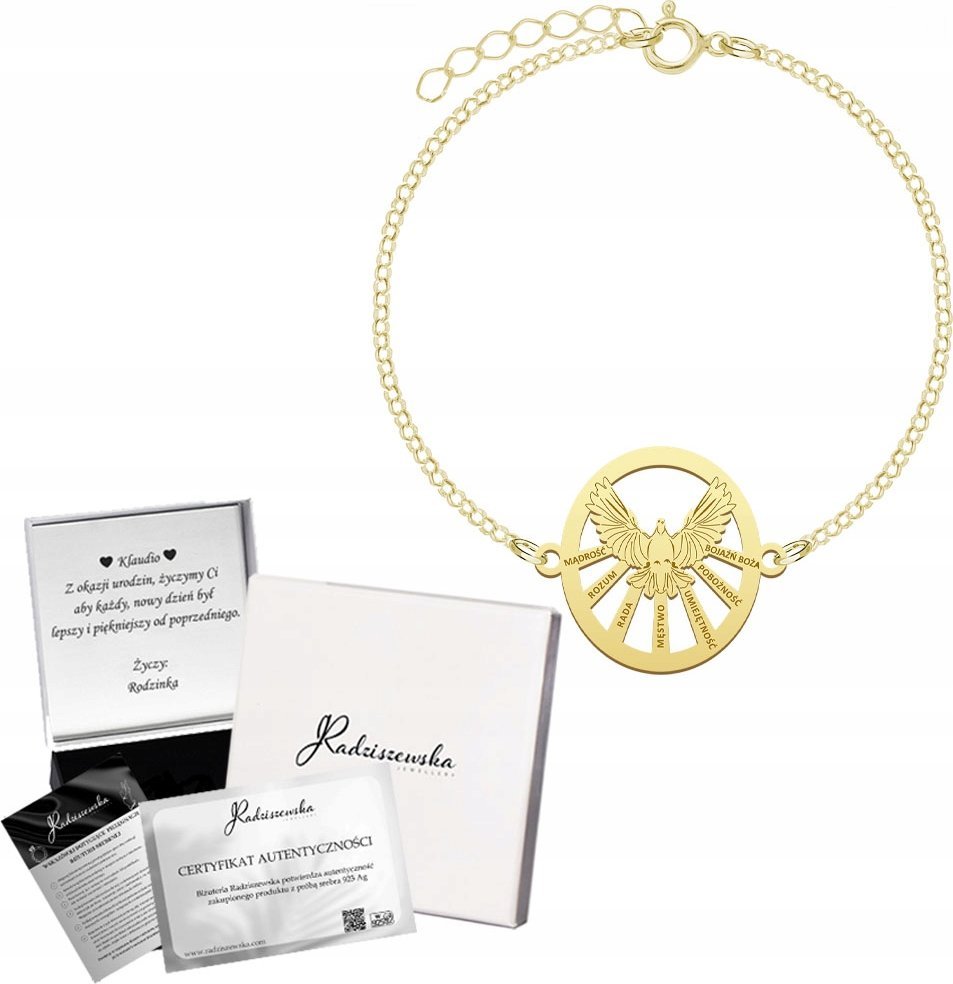 Radziszewska Jewellery Bierzmowanie Złota Bransoletka Duch Święty 925 Łańcuszek GRAWER GRATIS