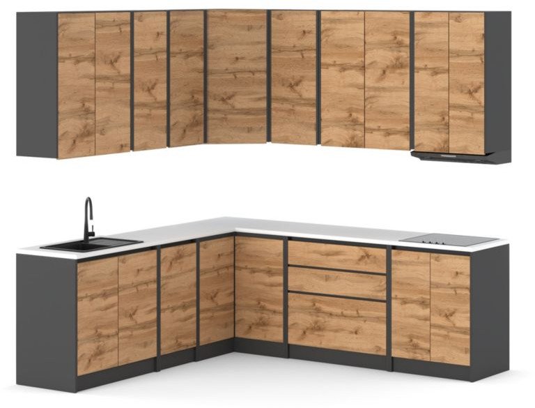 Kuchnia Duża Bella Narożna Nowoczesna Blat 4.4m Szary Biały Mat Dąb Wotan