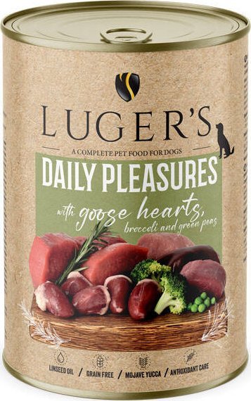 Karma mokra dla psa Luger's Daily Pleasures z sercami z gęsi, brokułem i zielonym groszkiem 400 g