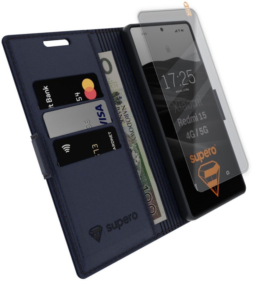 Etui z klapką Supero Business 3 Wallet Case do Xiaomi Redmi 15, niebieskie + szkło