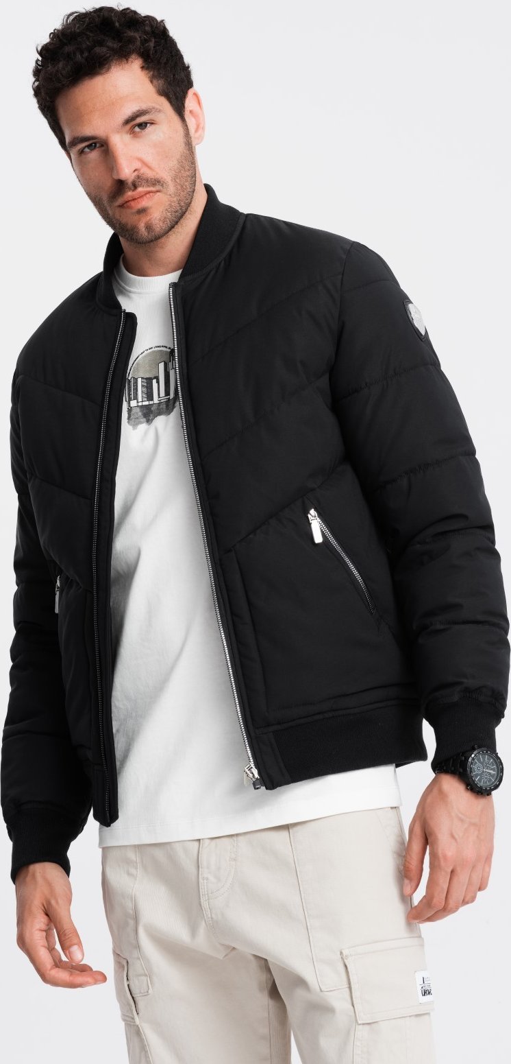 Kurtka męska Ombre Pikowana kurtka męska bomberka z metalowymi zamkami - czarna V1 OM-JALP-0143 XL