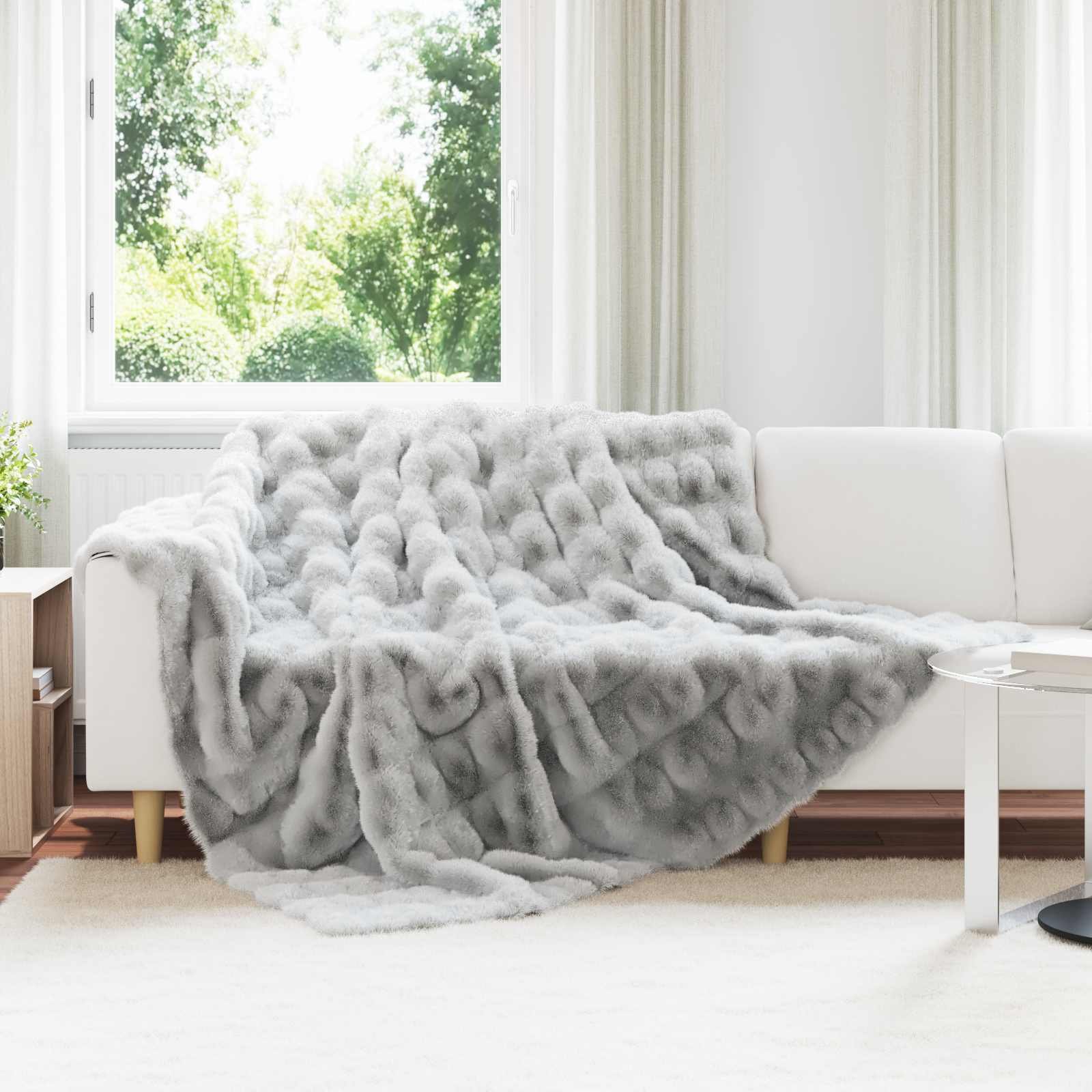 vidaXL Koc z sztucznego futra królika Szary 220 x 240 cm Poliester