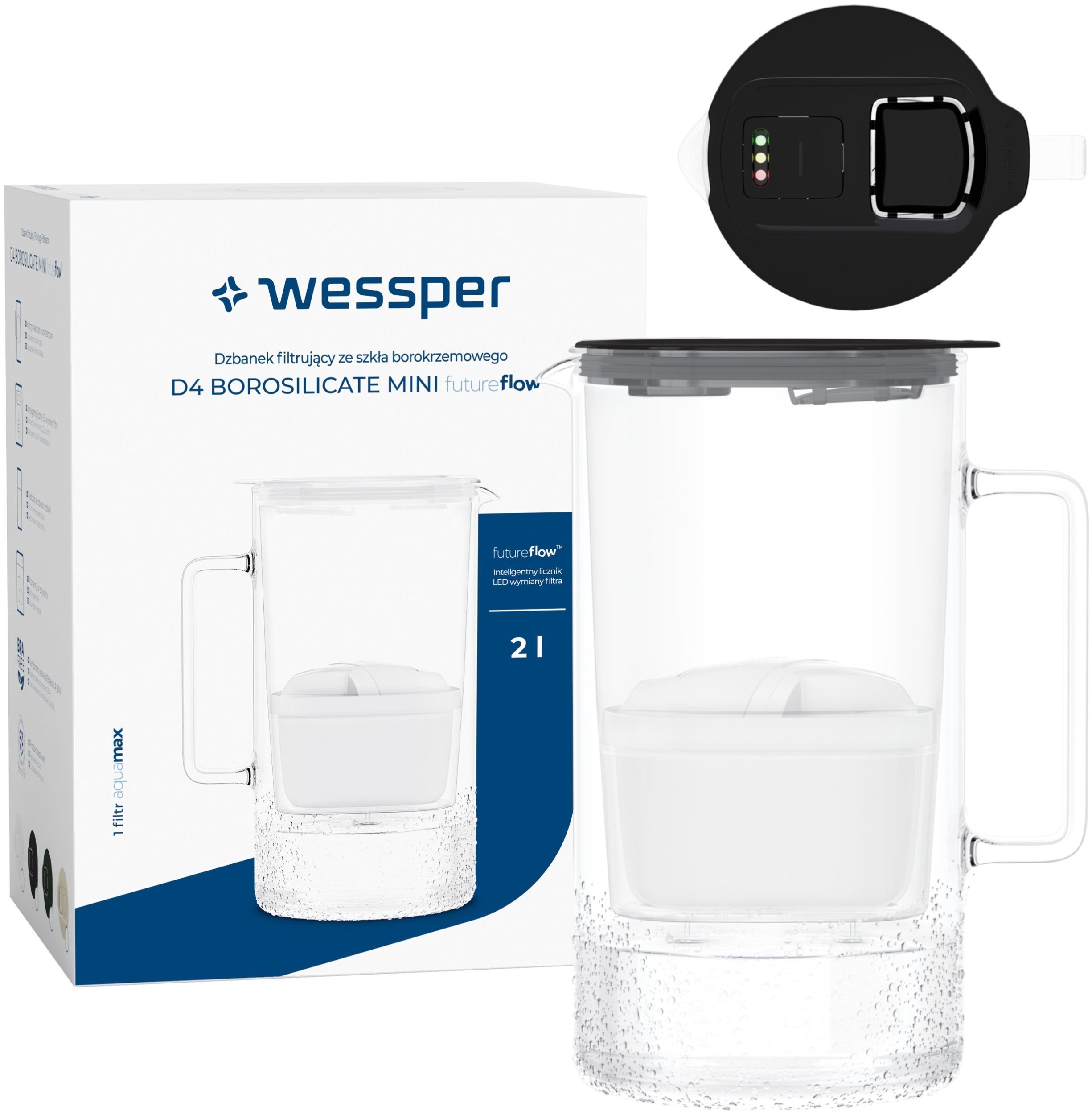 Dzbanek Wessper D4 BOROSILICATE MINI futureflow™ Aquamax (WES208-FF-BK)