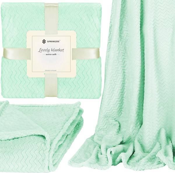 Springos Narzuta na łóżko, pled 200x220 cm tłoczony, dwustronny koc na kanapę jasna zieleń UNIWERSALNY