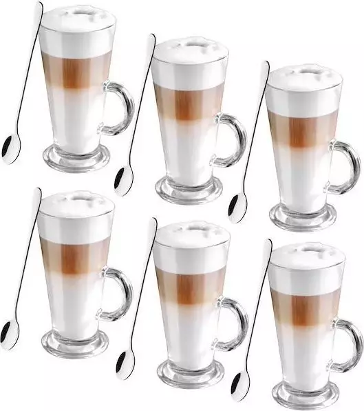 Springos Szklanki do kawy latte, deserów z uchem 280 ml i łyżeczki długie, stal nierdzewna komplet 6 szt. UNIWERSALNY