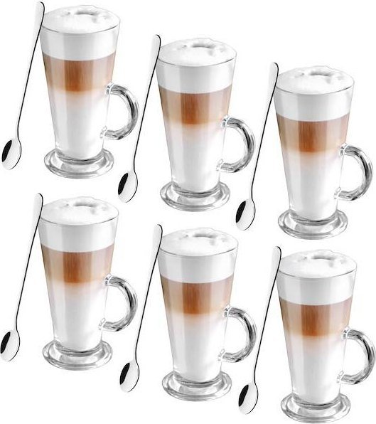Springos Szklanki do kawy latte, deserów z uchem 280 ml i łyżeczki długie, stal nierdzewna komplet 6 szt. UNIWERSALNY