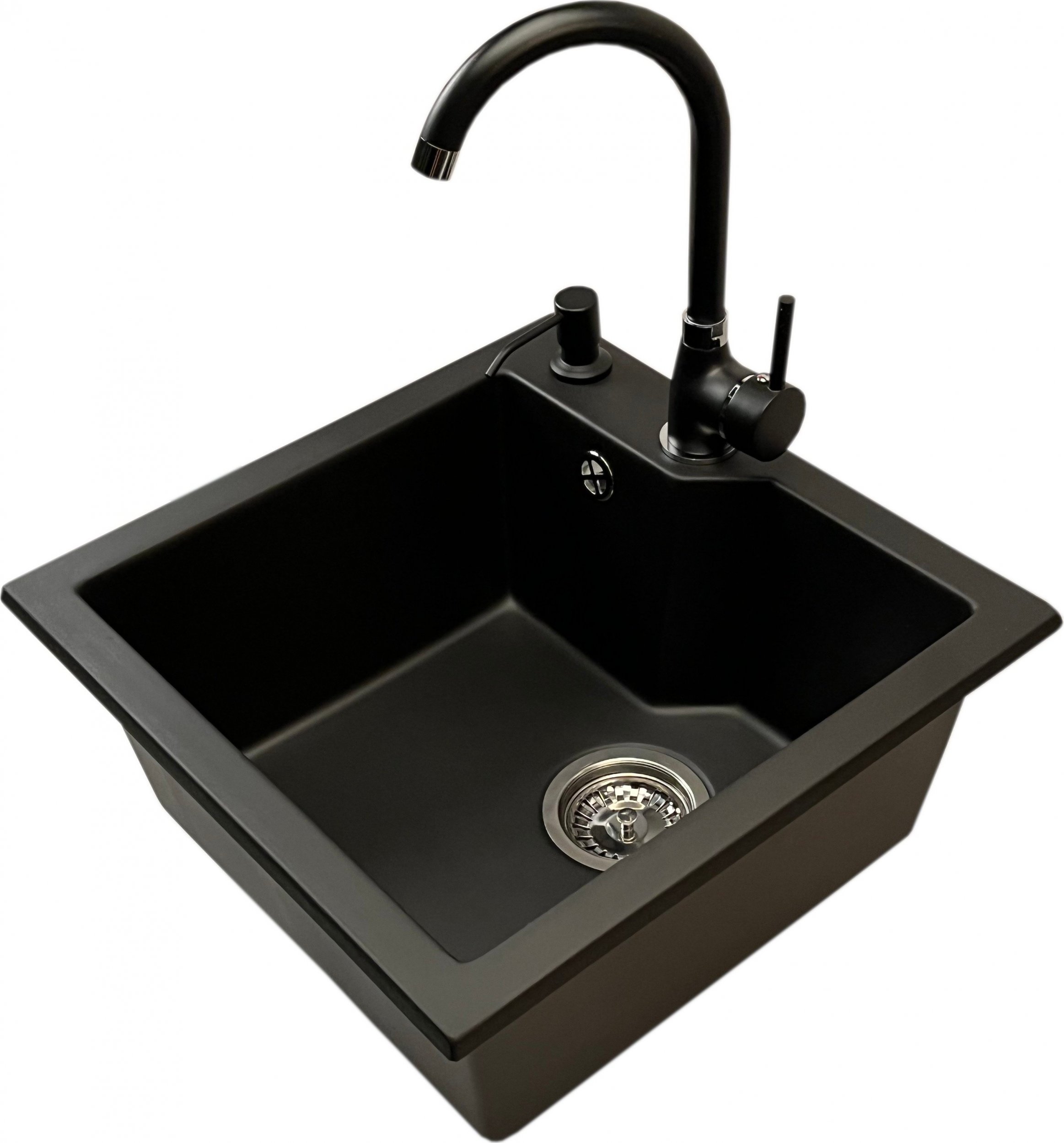 Zlewozmywak PREHNIT Zlewozmywak jednokomorowy NUMO czarny + bateria NOON + dozownik