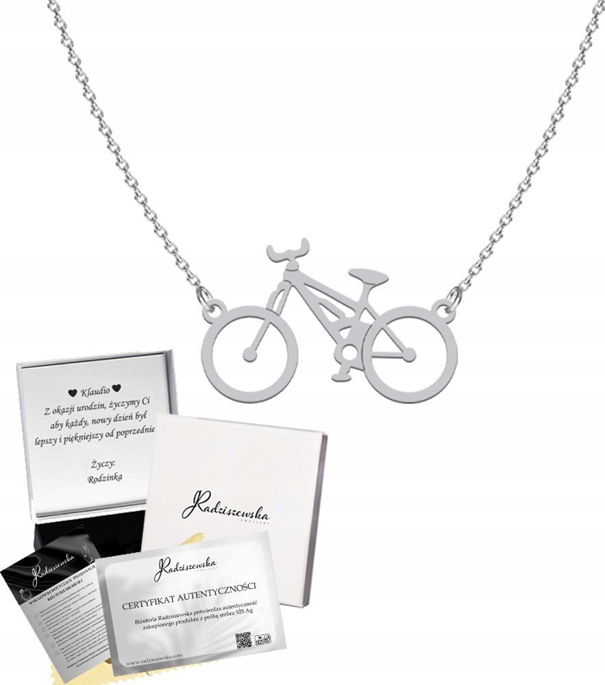 Radziszewska Jewellery Naszyjnik Srebrny Rower Łańcuszek SREBRO 925 Prezent DEDYKACJA GRATIS