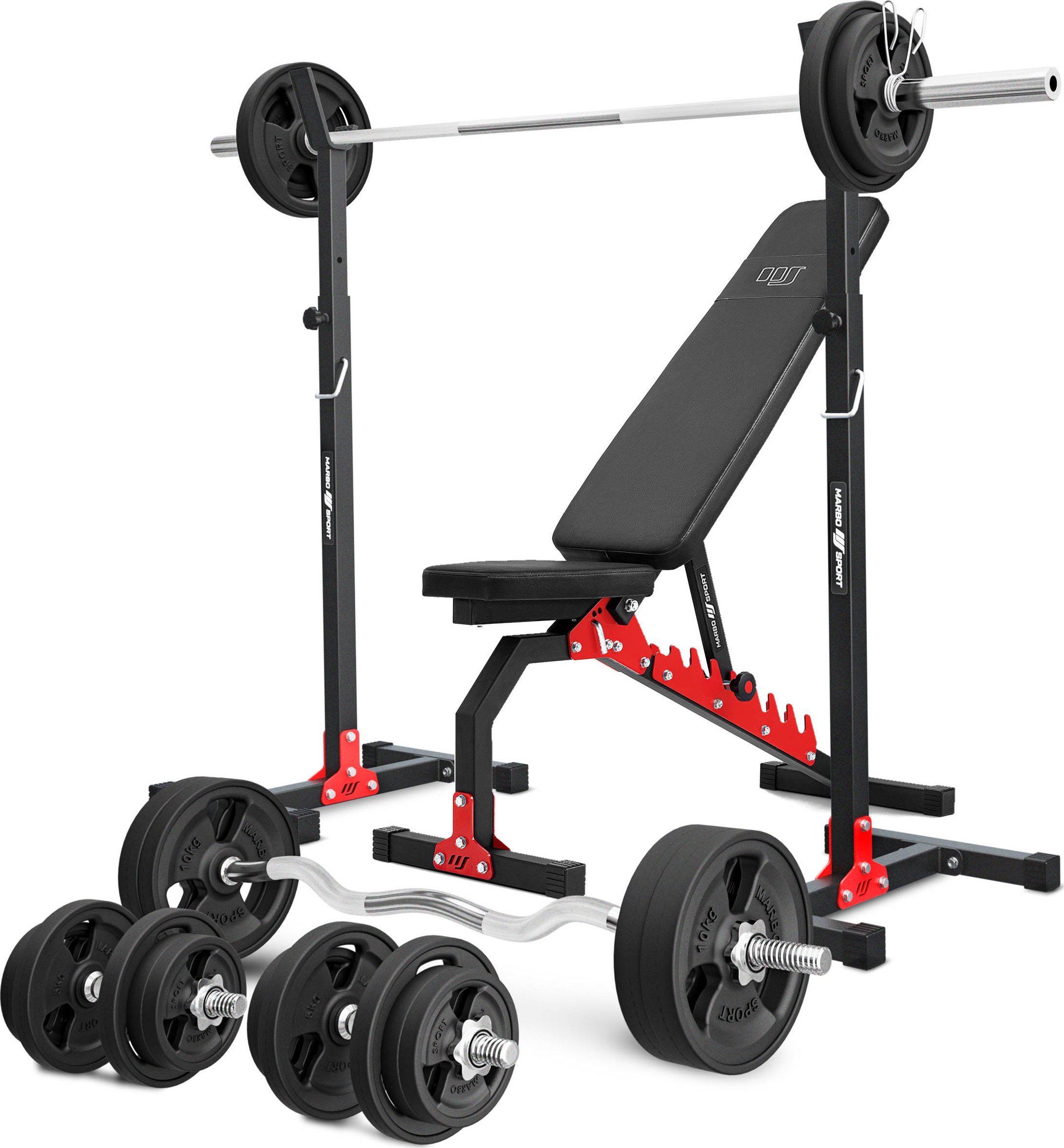 Zestaw MH7_140KG_KIER_G | Ławka dwustronna + stojaki regulowane + zestaw gryfów i obciążeń gumowanych - Marbo Sport