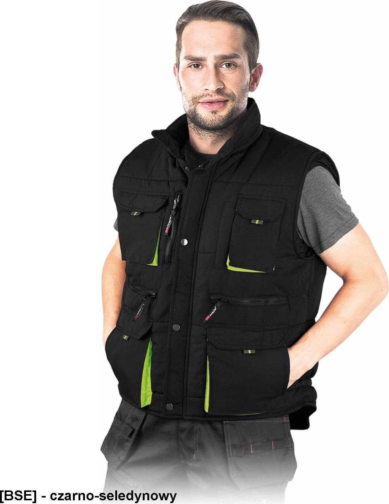 R.E.I.S. KORMORAN2 - bezrękawnik ocieplany z dużą ilością kieszeni - czarno-seledynowy M