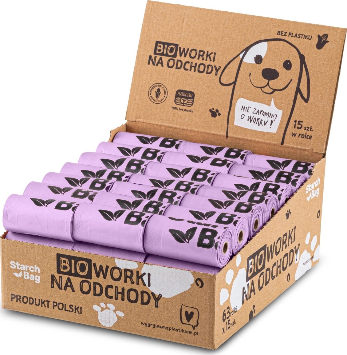 StarchBag STARCHBAG Kompostowalne BIOworki* na odchody 63 rolki x 15szt, kol. liliowy