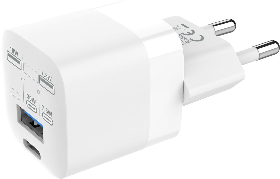 Aus MFI-zertifizierter Fabrik - 30 W - 5V 3A oder 9V 3A oder 12V 2,5A oder 15V 2A oder 20V 1,5A - USB-C-Buchse - USB-A-Buchse - EU CEE 7/7 Schuko-Stec