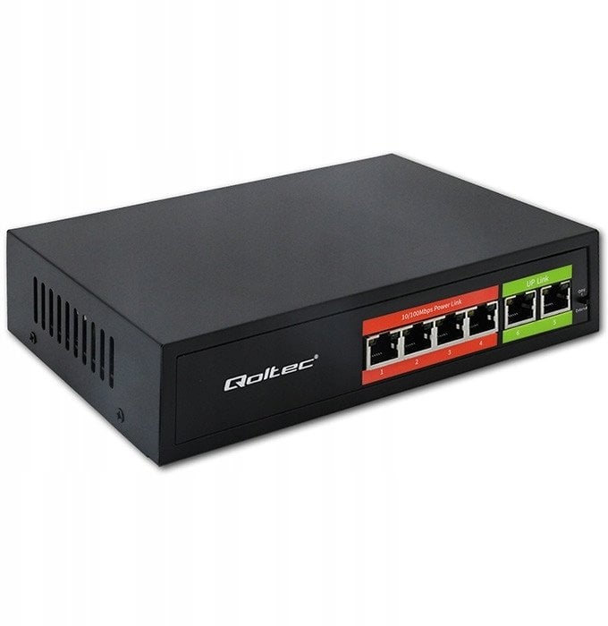 Switch niezarządzalny Qoltec przełącznik sieciowy Fast Ethernet PoE | 4x RJ45 | 2x RJ45 Uplink | 65W | 10/100Mb/s