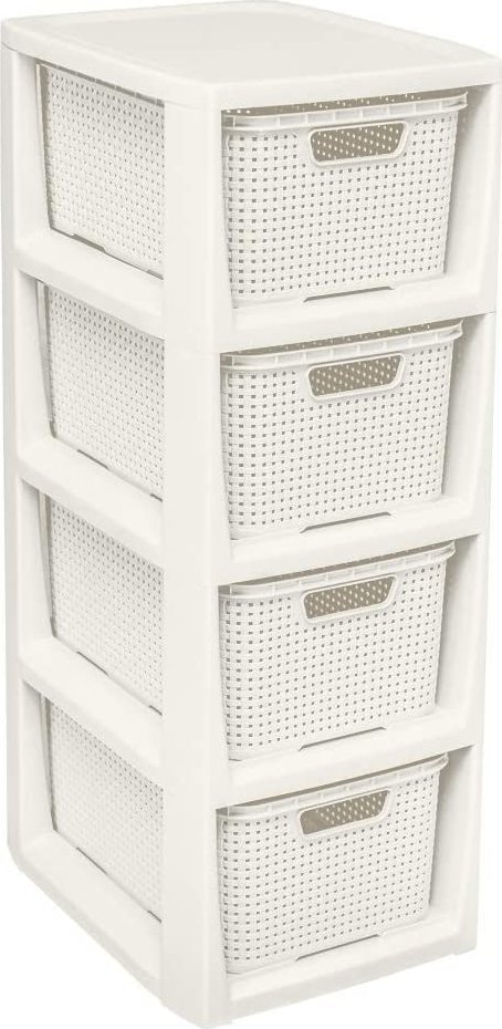 Branq BranQ - Regał łazienkowy rattanowy - 4x kosze - słupek - biel antyczna - kremowy