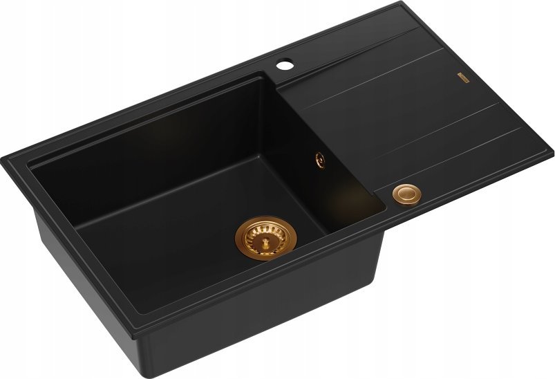 Zlewozmywak GraniteQ EVAN 136 XL GraniteQ zlewozmywak z syfonem Push To Open 1-komorowy z/o (860x500x210; kom. 420x490) pure carbon / elementy miedzia