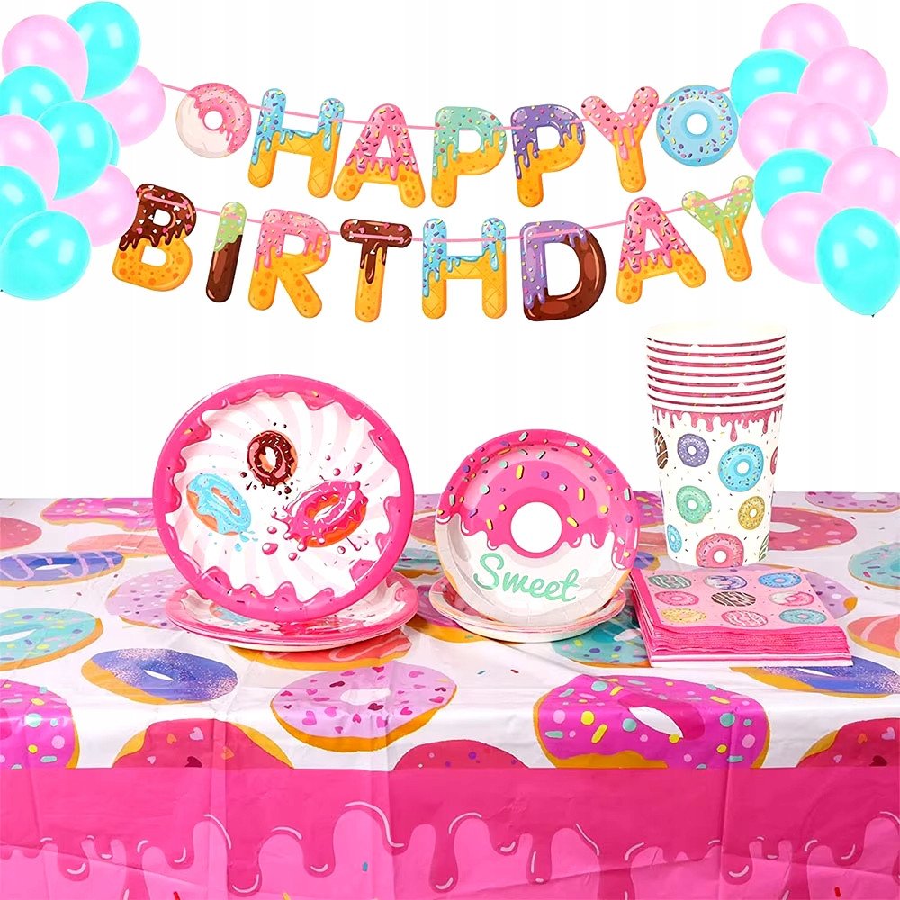 Dekoracje na urodziny Pączek Donut ZESTAW naczyń jednorazowych 44 szt.