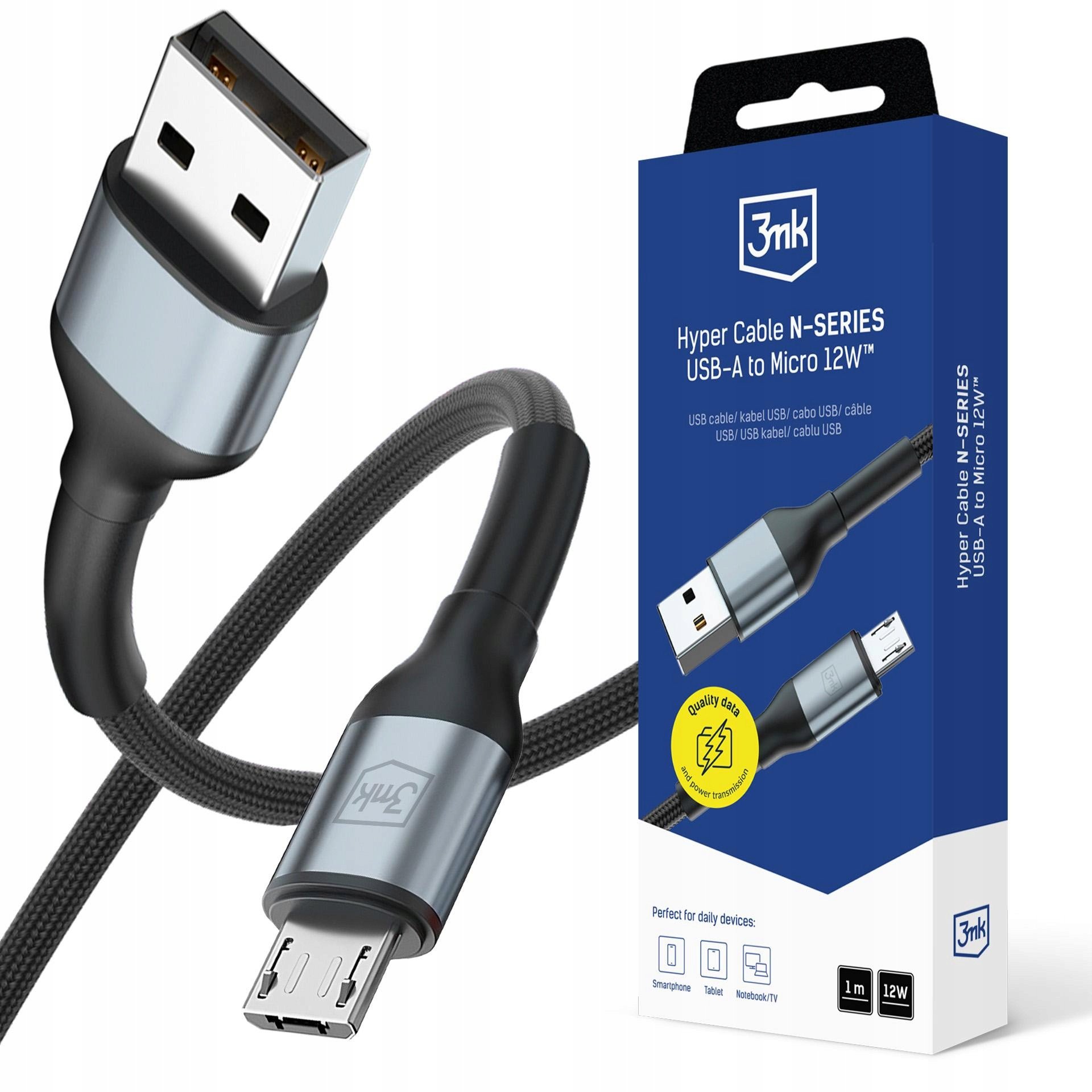 Kabel USB 3MK USB-A - microUSB 1m Czarny (5903108680349)