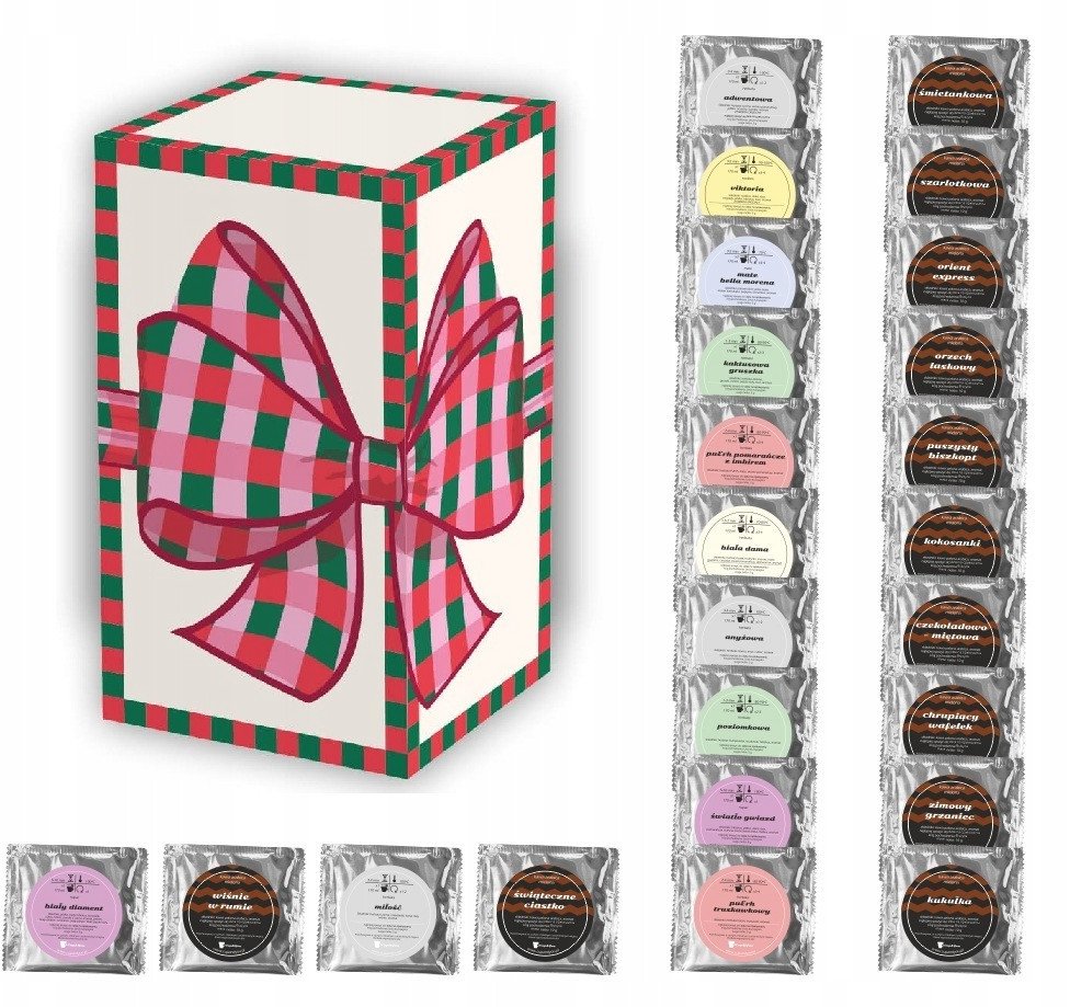 KALENDARZ ADWENTOWY Z KAWĄ I HERBATĄ - 24 różne smaki herbat sypanych i kaw deserowych mielonych w saszetkach, prezent upominek na mikołaja święta dla