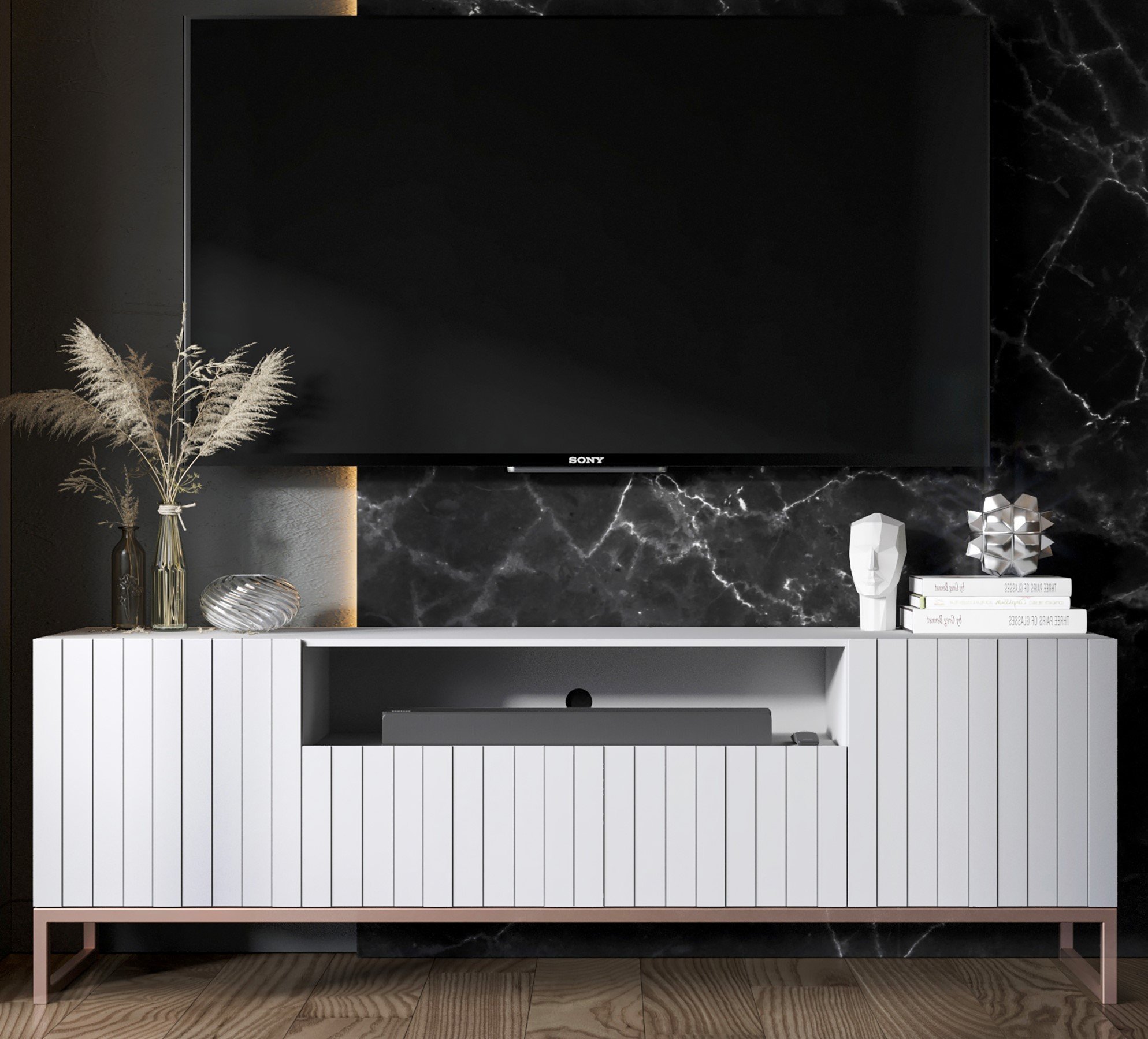 Meble Lindner Komoda RTV Glamour Szafka RTV Elpis 2 Glamour Biały 150 cm