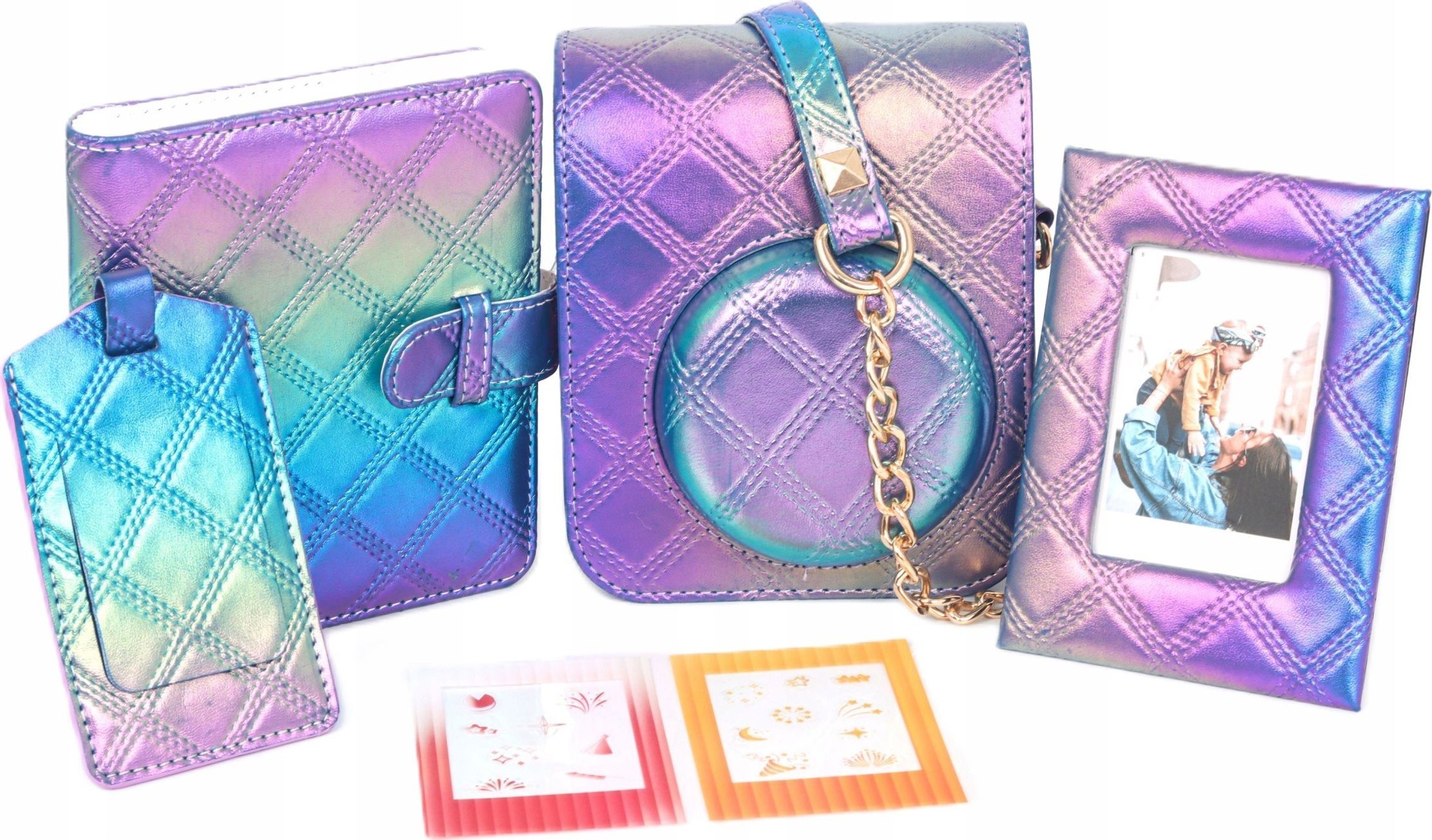 Zestaw 5w1 Futerał Album Ramka Brelok Naklejki Do Fujifilm Instax Mini 12 / Wielokolorowy Holograficzny