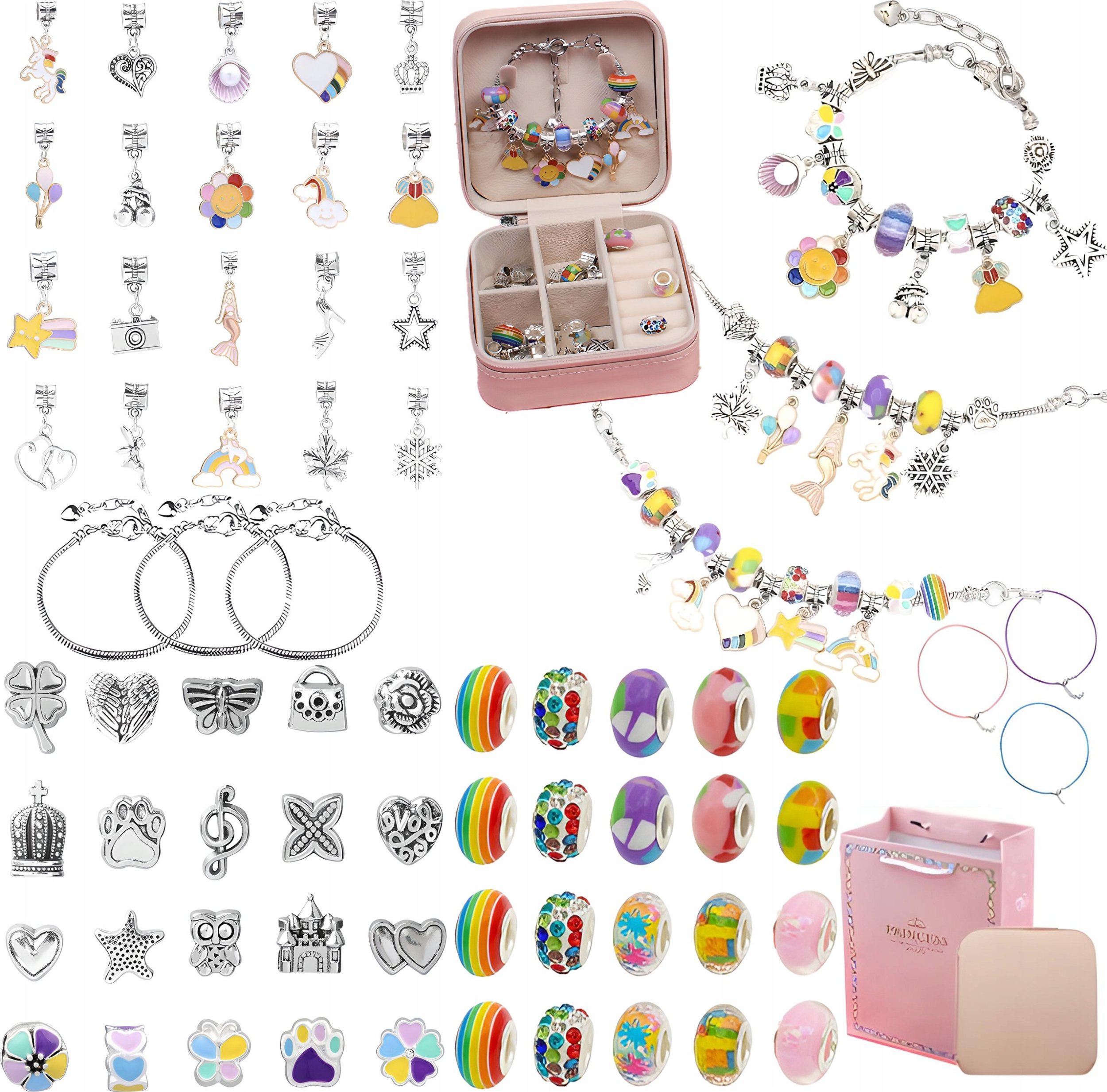 Zestaw Do Tworzenia Robienia Biżuterii, Bransoletek, Charmsy, Zawieszki, Koraliki TĘCZOWY MIX + Etui