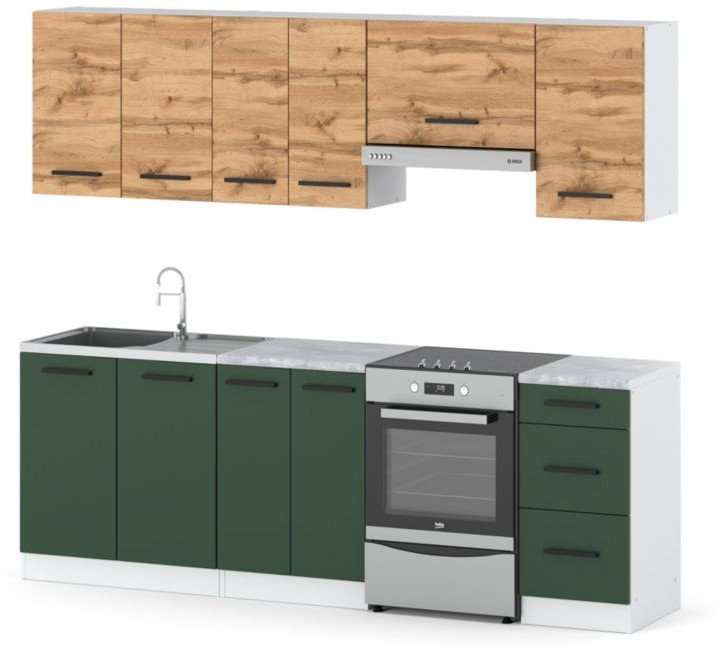 Zestaw Kuchenny Modułowy Z Blatem Mokka 2.4m Biały Wotan Butelkowa Zieleń