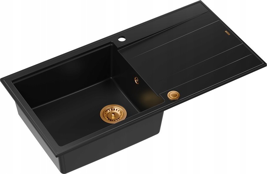 Zlewozmywak GraniteQ EVAN 111 GraniteQ zlewozmywak z syfonem Push 2 Open 1-komorowy z/o (860x500x210) pure carbon / elementy miedziane