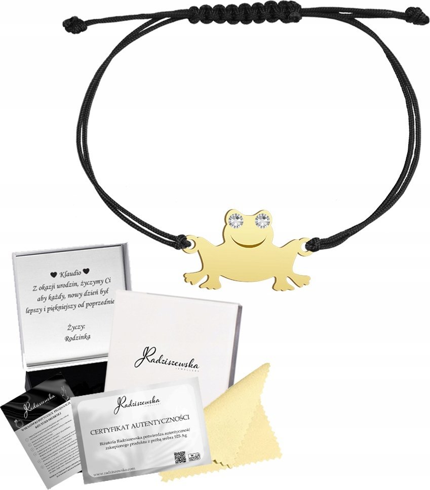 Radziszewska Jewellery Bransoletka Złota Żaba Sznurek SREBRO 925 Biżuteria Prezent DEDYKACJA