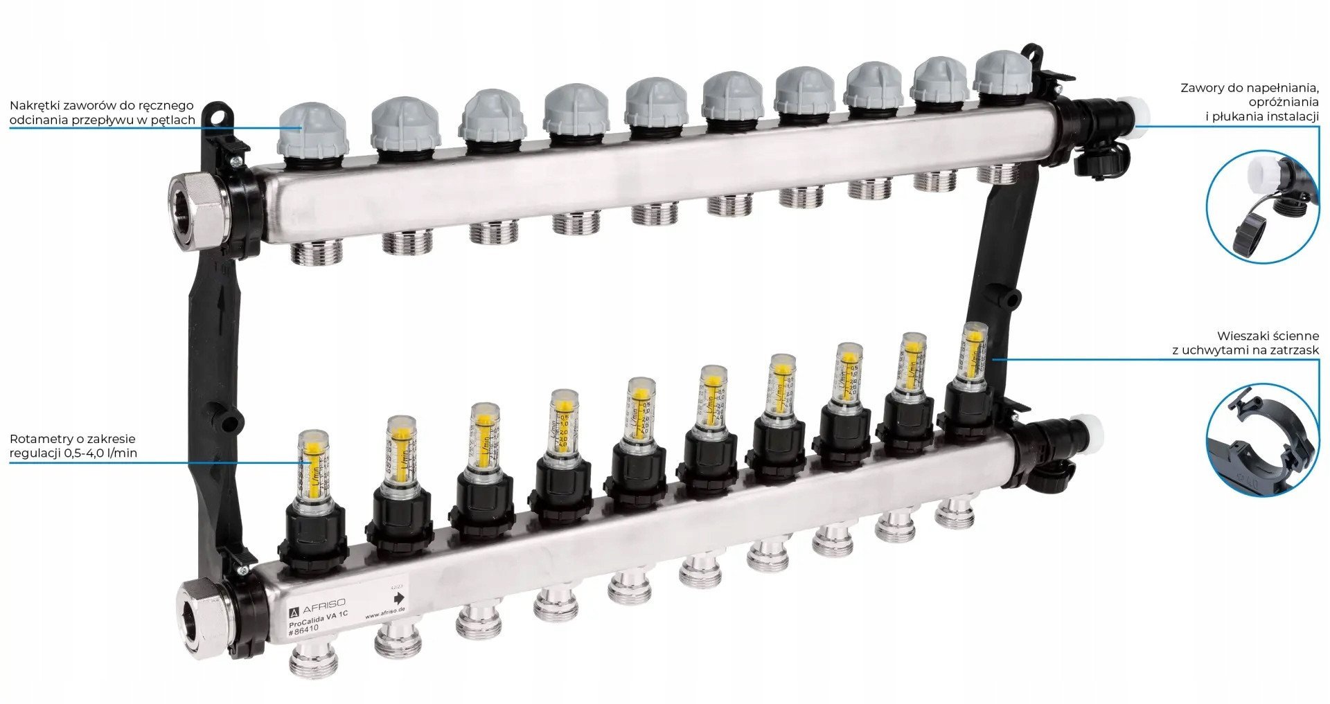 Rozdzielacz ProCalida VA 1C ze stali nierdzewnej, 10 obiegów, nakrętki G1'', 0,5 - 4,0 l/minA
