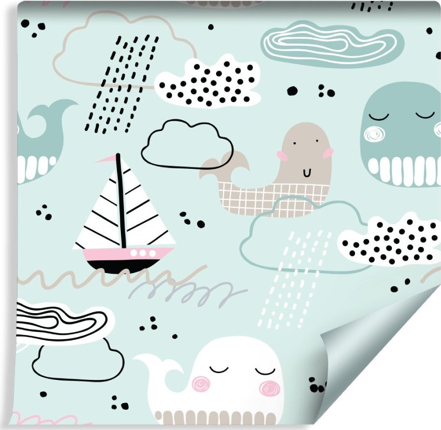 Muralo Tapeta Dla Dzieci - Wieloryby, Łódki, Fale i Chmurki