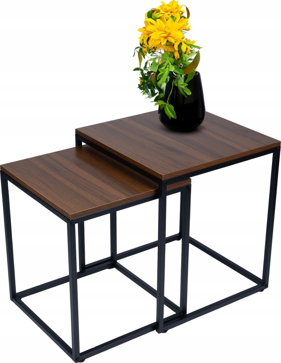 Nowoczesne stoliki kawowe kwadratowe zestaw 2w1 loft industrial ława stół stolik orzech włoski