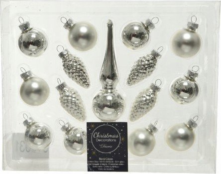Kaemingk Bombki choinkowe srebrne zestaw ze szpicem 15 szt.