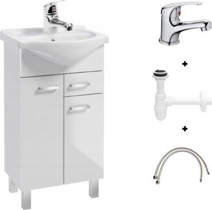 Deftrans Zestaw łazienkowy szafka z umywalką 50 biała z baterią i syfonem Mea