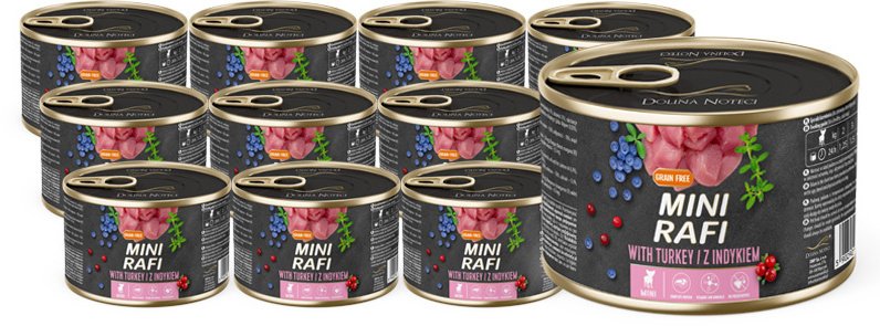 Mokra karma dla psa Mini Rafi z indykiem zestaw 12 x 185 g