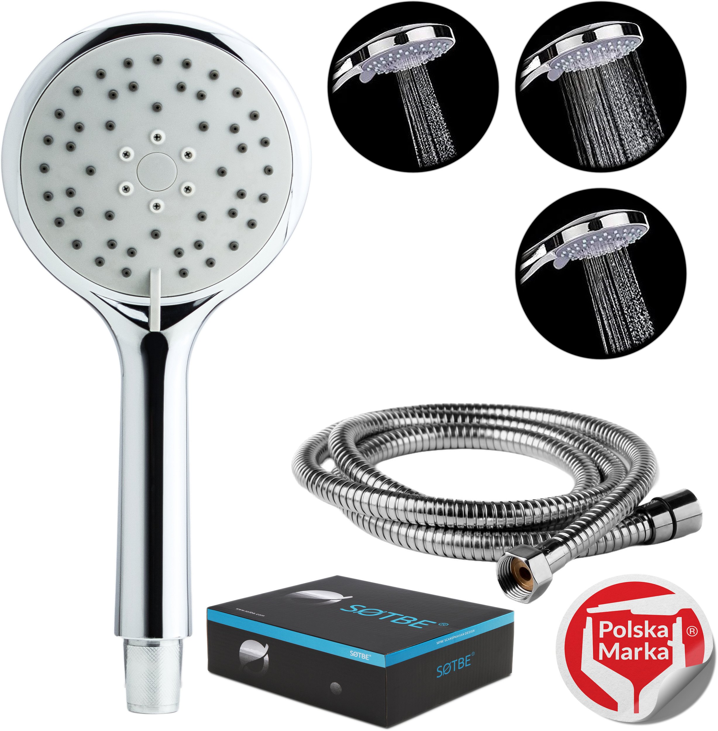 SOTBE ZESTAW Słuchawka prysznicowa 3 zakresowa z wężem