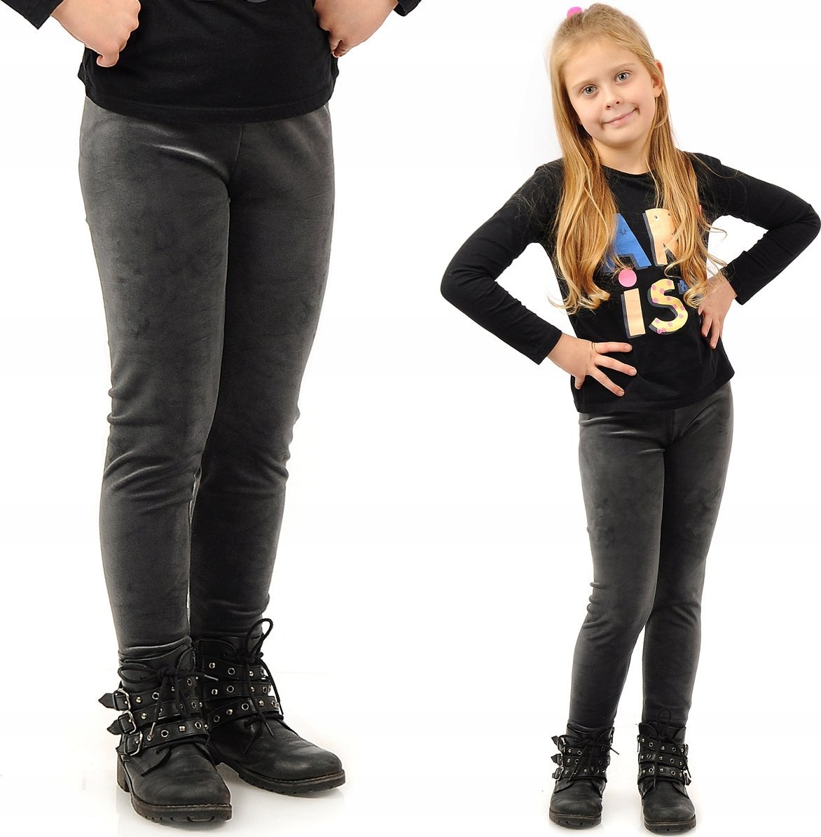 Legginsy dziewczęce Welurowe Elastyczne Spodnie Getry Welur Grafitowe 158