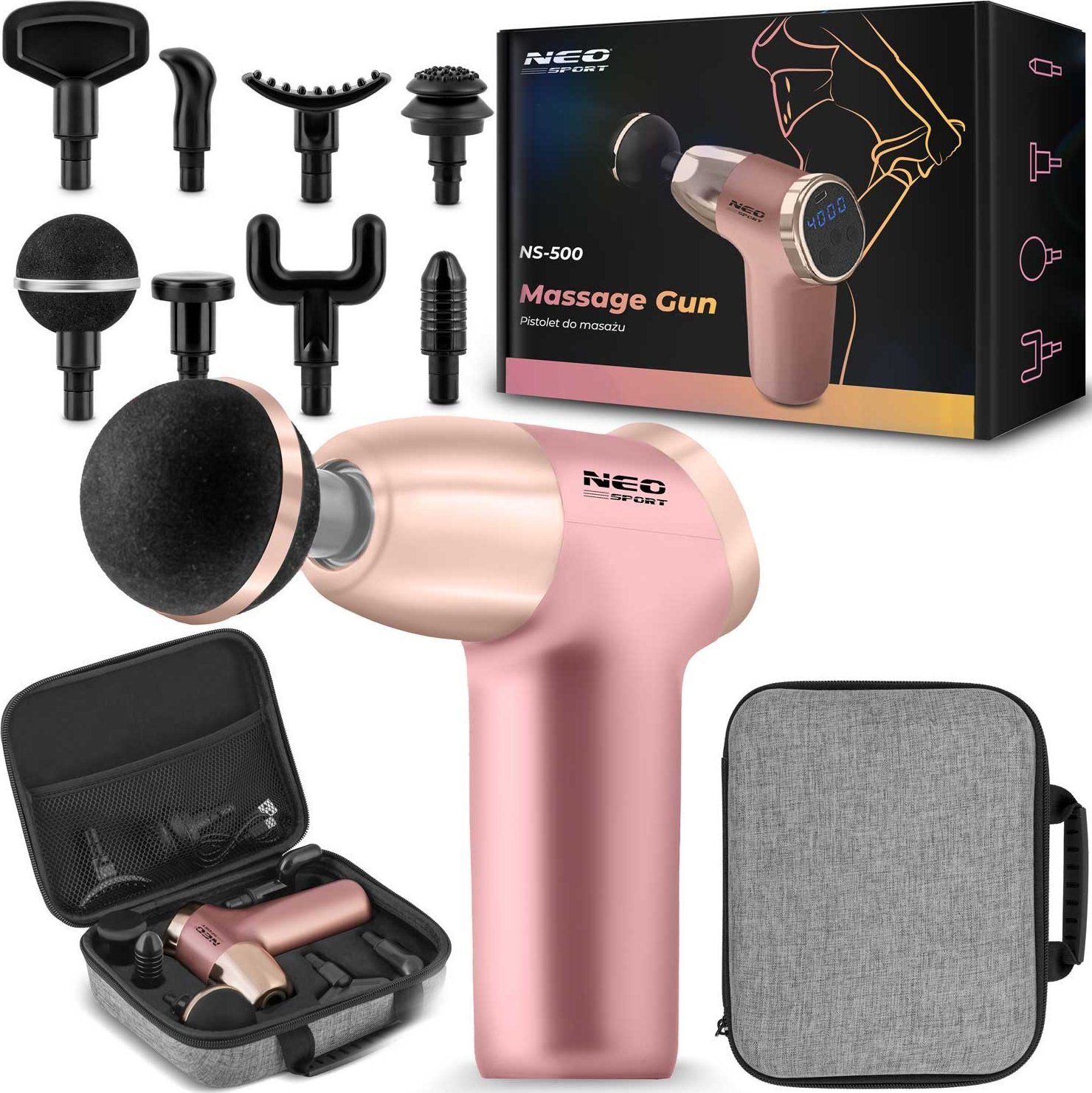 Neo-Sport NeoSport Pistolet do masażu ciała 8 nakładek NS-500 różowy