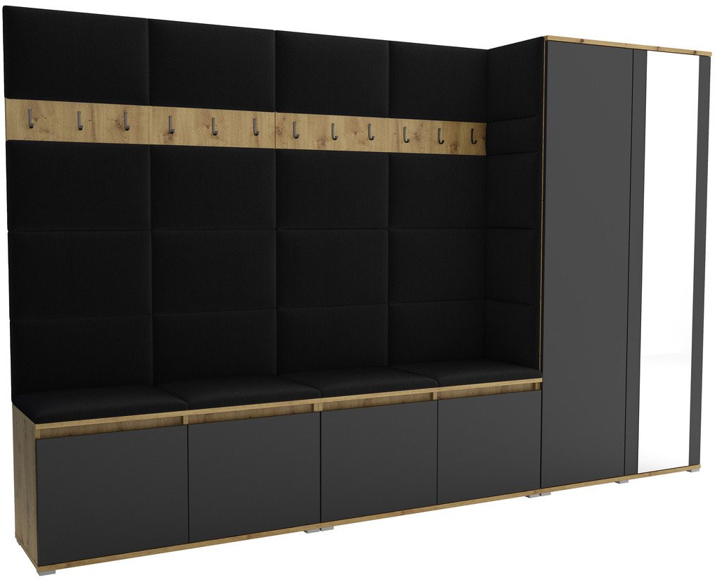 Tapicerowana garderoba Noris V z lustrem - kolor artisan z czarnym frontem + tkanina Trinity 16