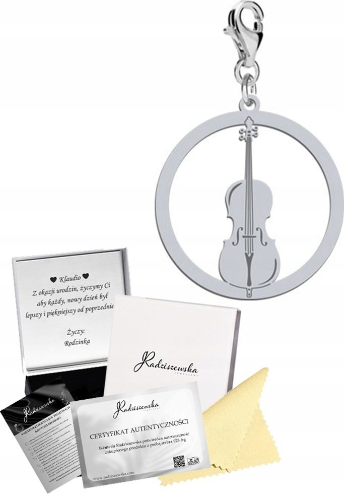 Radziszewska Jewellery Charms Srebrny Wiolonczela Karabińczyk Srebro 925 Prezent DEDYKACJA GRATIS