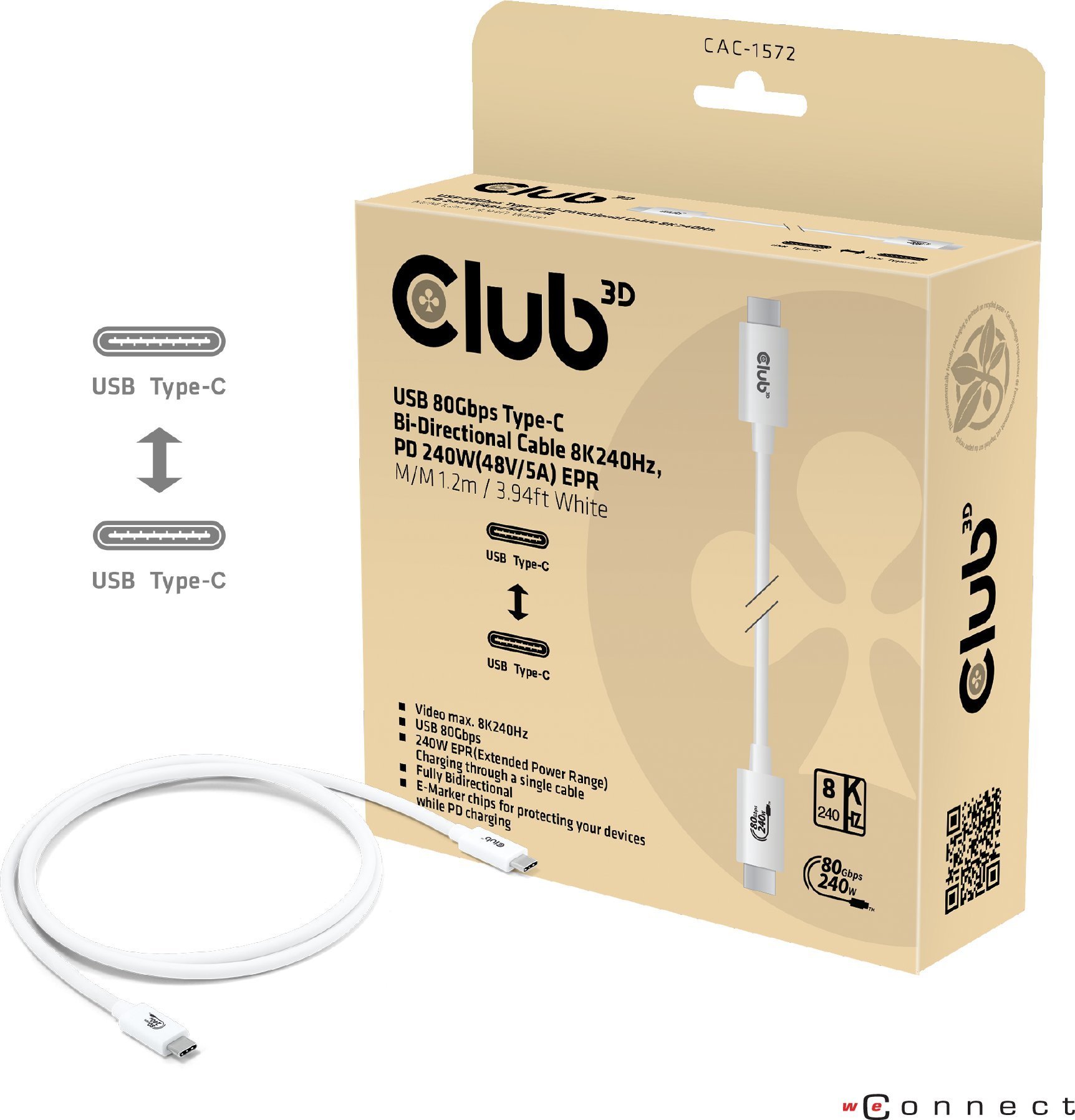 Kabel USB Club 3D USB-C - USB-C 1.2 m Biały (CAC-1572)