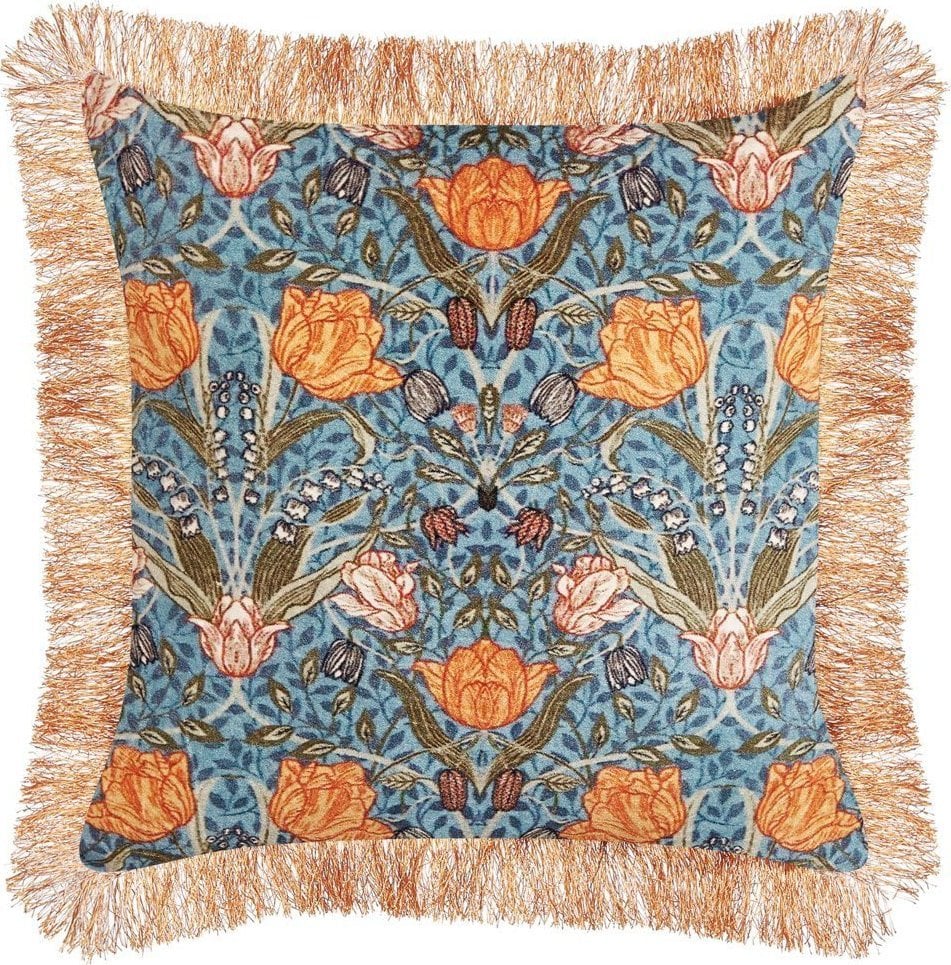 Beliani Poduszka dekoracyjna welurowa w kwiaty z frędzlami 45 x 45 cm niebiesko-pomarańczowa MITELLA!