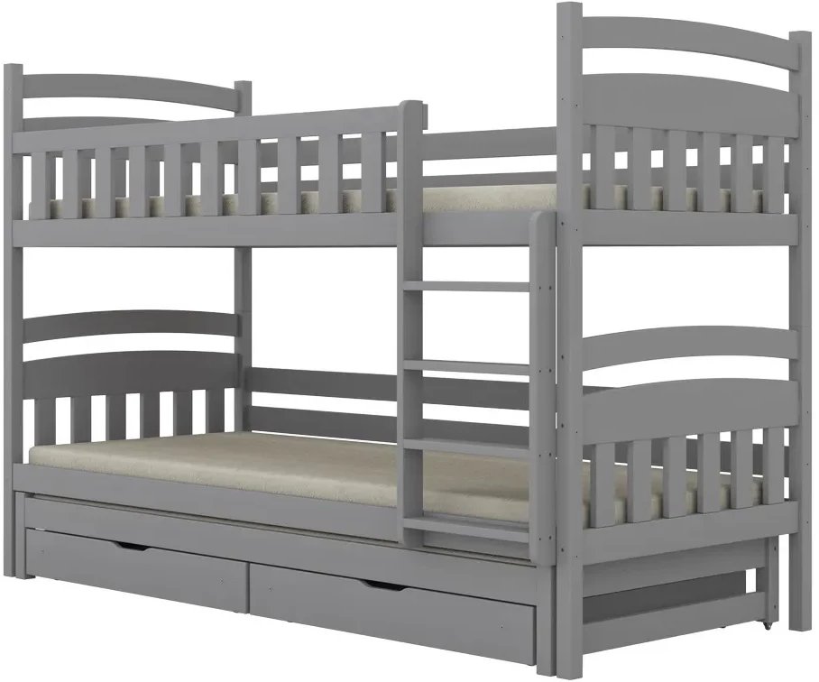 Łóżko piętrowe JULITA 180x90 szare drewniane trzyosobowe z szufladami KOCOT KIDS