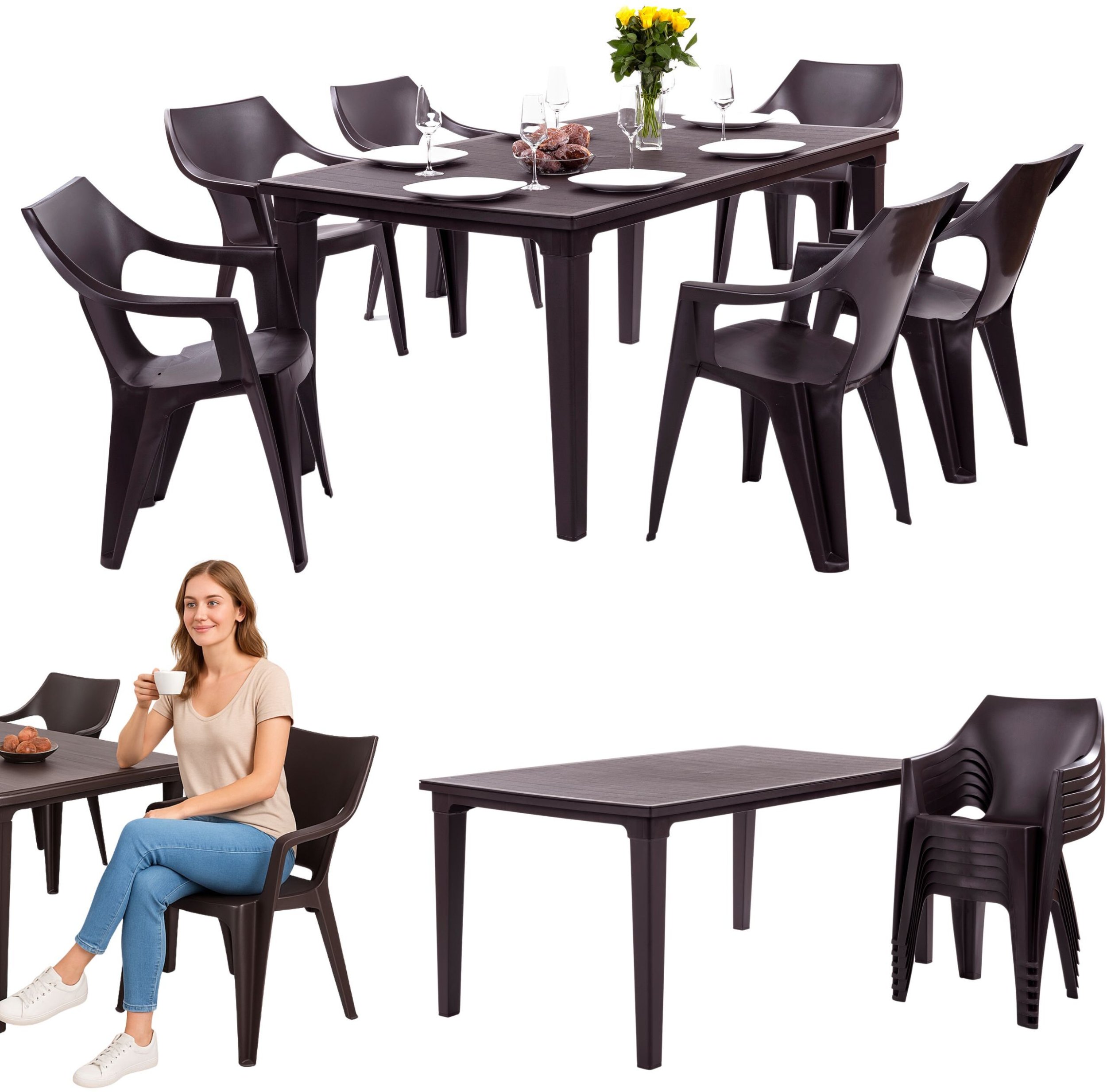 1x Stół Futura brąz + 6x Krzesło Dante brąz