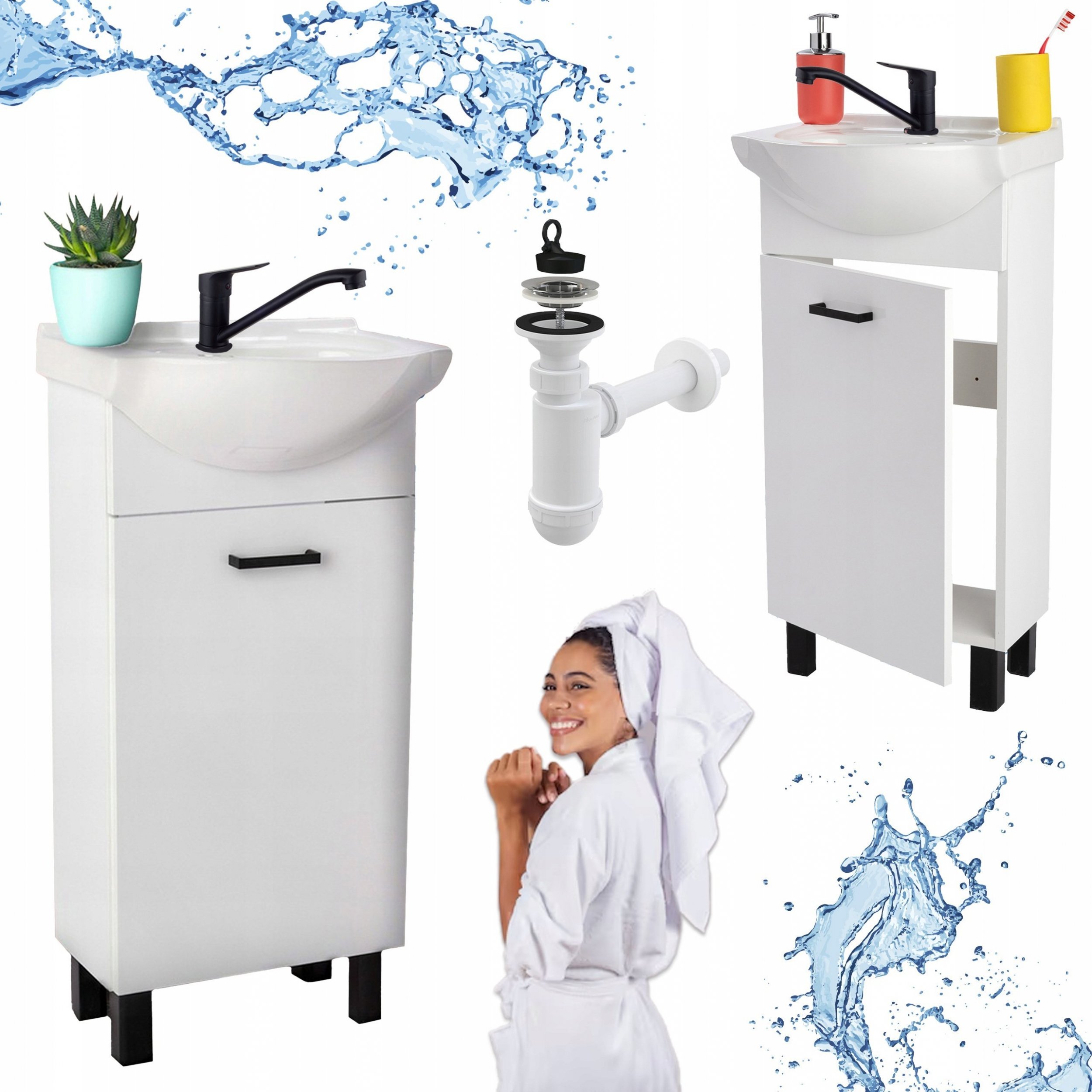 Stamar Biała Szafka Łazienkowa z Umywalką 40 Czarne Nogi Połysk Bateria Obr Syfon