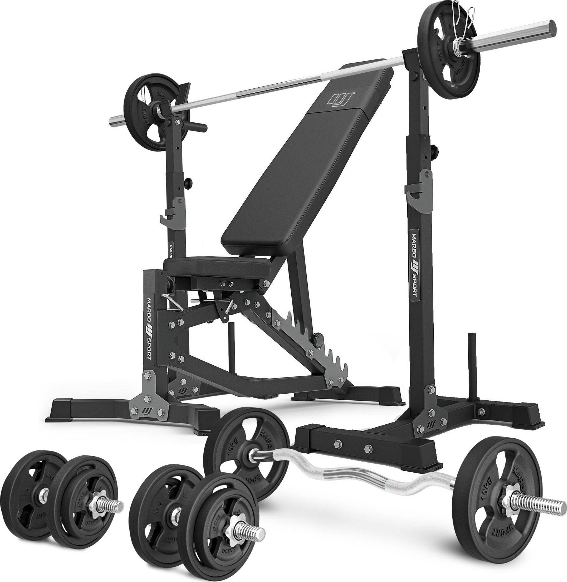 Zestaw MS30_2.0_83KG_G | Dwustronnie regulowana ławka treningowa + wielopoziomowe stojaki (2 sztuki) pod sztangę z asekuracją + zestaw gryfów i obcią