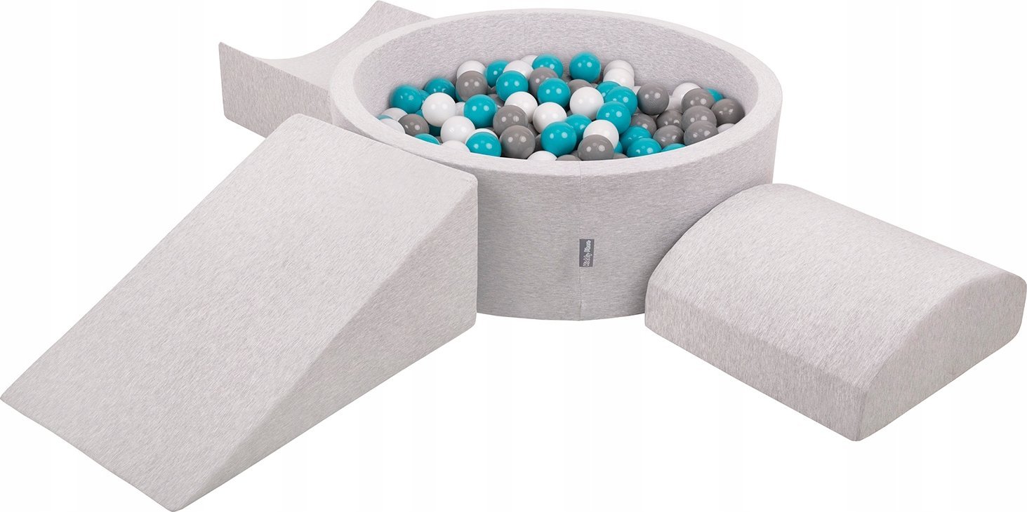 KiddyMoon Piankowy plac zabaw PPZP-OK30D-114 z piłeczkami jasnoszary: szary-biały-turkus basen 300/klin L/rampa L/półwałek L Zabawka plac zabaw
