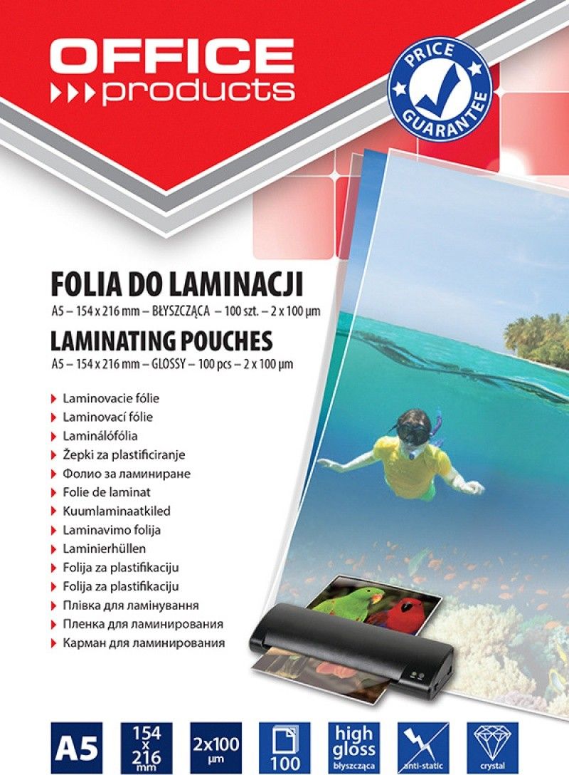 Office Products FOLIA DO LAMINOWANIA OFFICE PRODUCTS, A5, 2X100MIKR., BŁYSZCZĄCA, 100SZT., TRANSPARENTNA 20325225-90